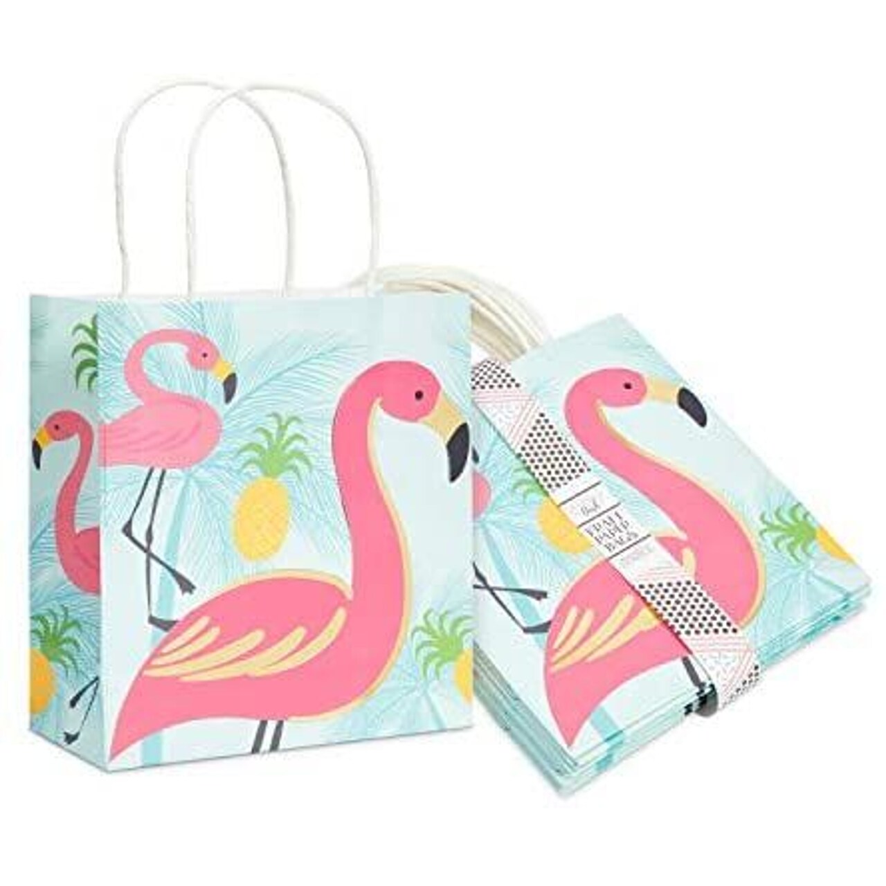 Flamingo Gift Bag with Handles for Birthday Party Favors (8 x 9 x 4 In, 15 Pack)